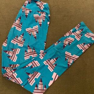 LuLaRoe One Size Teal and Purple Castle Leggings